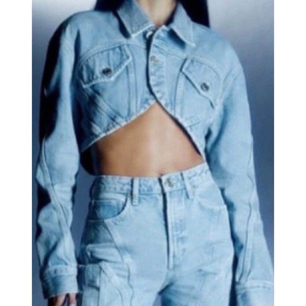 Zara Cropped Denim Bolero Jacket Cut Out Blue Size Medium High Crop New - Picture 9 of 9